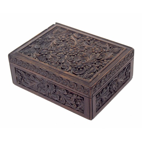 646 - Good quality carved hardwood box, possibly padouk, the top and sides with carved scrolling foliate a... 