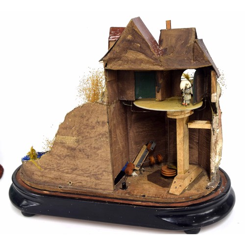 627 - Good 19th century musical automaton, modelled as a coastal cliff top hamlet with a water wheel and a... 