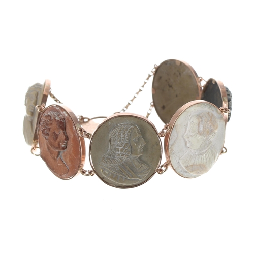 273 - Antique rose gold lava cameo bracelet, consisting of six with male portraits, with a 9ct engraved pa... 