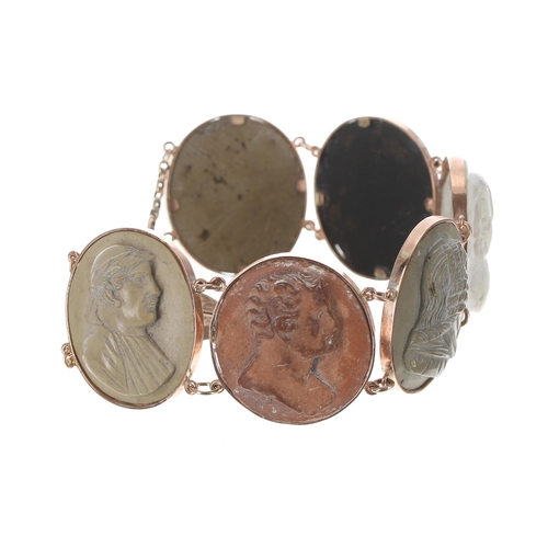 273 - Antique rose gold lava cameo bracelet, consisting of six with male portraits, with a 9ct engraved pa... 