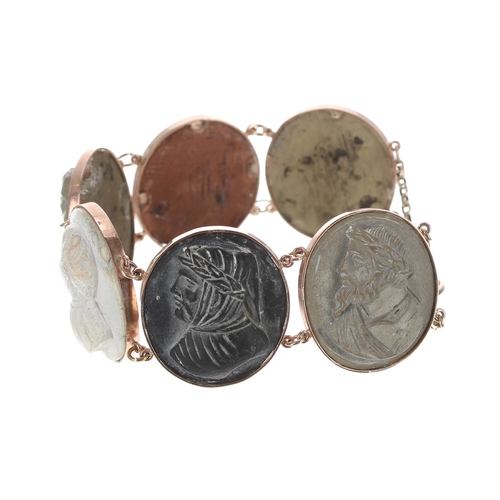 273 - Antique rose gold lava cameo bracelet, consisting of six with male portraits, with a 9ct engraved pa... 