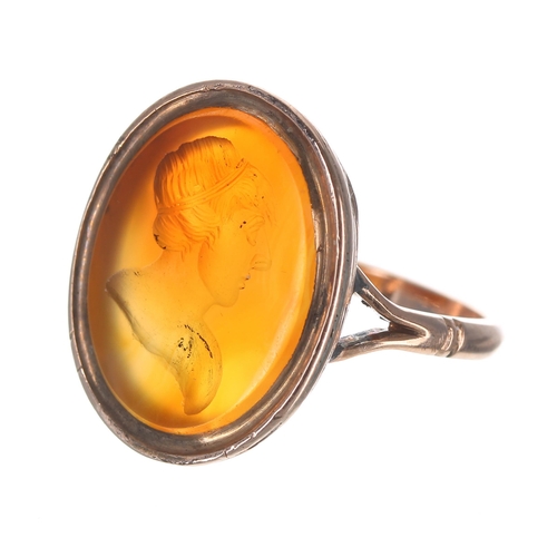 108 - Rose gold carnelian oval intaglio ring, depicting a portrait, 21mm x 18mm, 6gm, ring size R... 