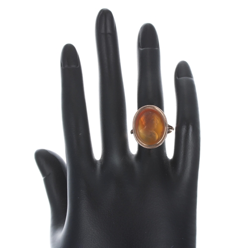 108 - Rose gold carnelian oval intaglio ring, depicting a portrait, 21mm x 18mm, 6gm, ring size R... 