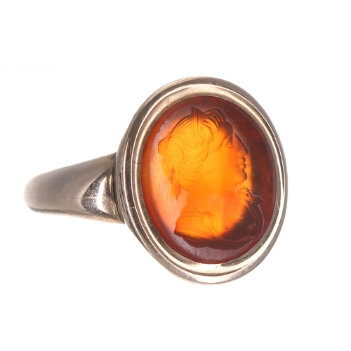 113 - Antique rose gold carnelian intaglio ring, depicting a portrait of a man, 17mm x 15.5mm, 4.5gm, ring... 