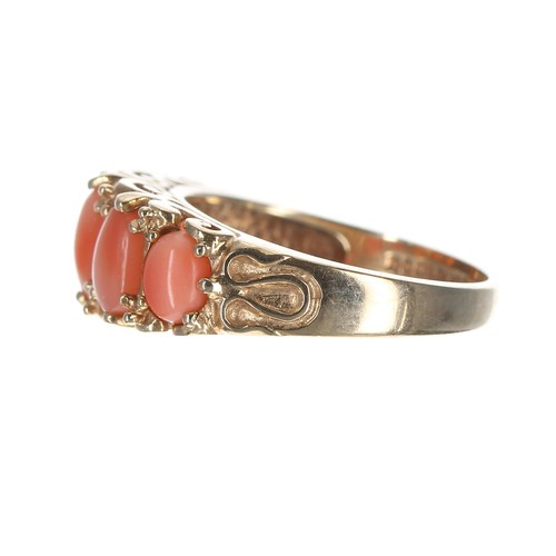 348 - Scroll set 9ct coral cabouchon five stone ring, width 8mm, 3.8gm, ring size M/N