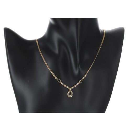 129 - Modern 18ct yellow gold sapphire and diamond necklace with matching pear shaped earrings, the neckla... 