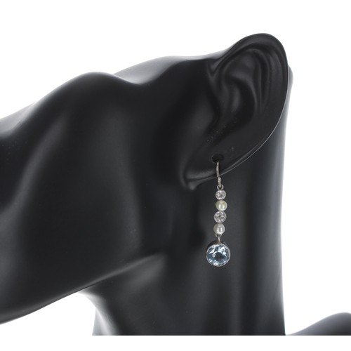 363 - Pair of attractive aquamarine, old-cut diamond and pearl drop earrings, the aquamarines each 1.95ct ... 