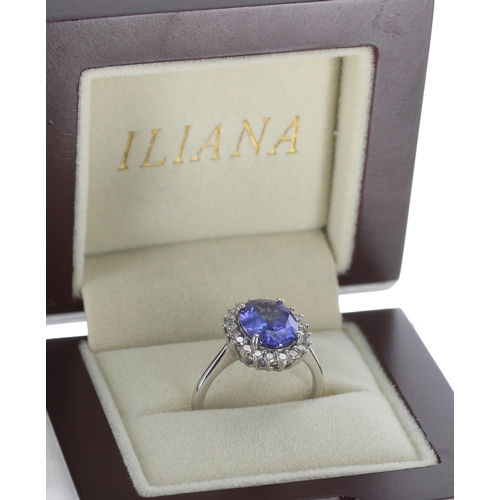 252 - Iliana 18ct white gold tanzanite and diamond oval cluster ring, the AAA tanzanite 3.80ct approx, in ... 