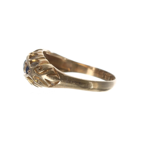 254 - Antique 18ct sapphire and diamond five stone claw-set ring, Birmingham 1914, width 8mm, 2.4gm, ring ... 