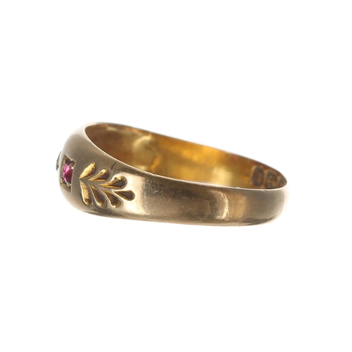 256 - Victorian 18ct ruby and diamond gypsy ring, Birmingham 1893, 2.1gm, ring size N/O