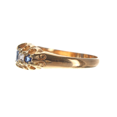 264 - Edwardian 18ct sapphire and diamond five stone claw-set ring, Chester 1904, with three blue sapphire... 