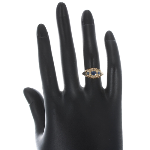 266 - Edwardian 18ct sapphire and diamond claw-set ring, Birmingham 1905, width 9mm, 2.5gm, ring size N/O... 