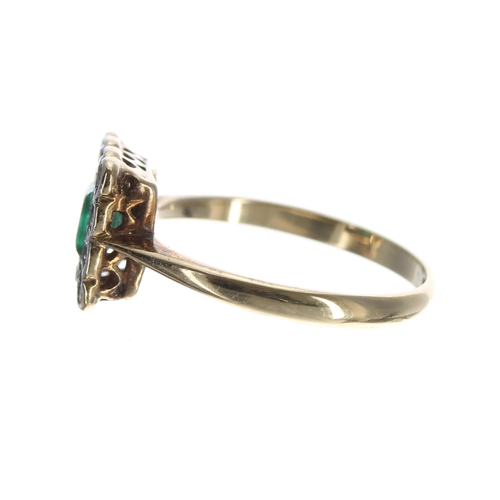 362 - 18ct and platinum emerald and diamond square cluster ring, the princess-cut emerald 0.35ct approx, w... 