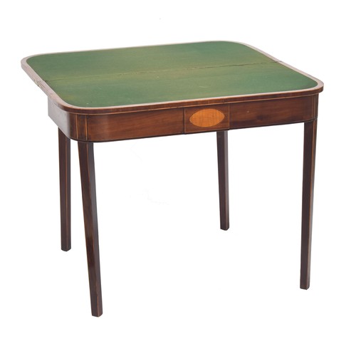 954 - 19th century mahogany fold-over games table, the square cross banded top with inset baize green play... 