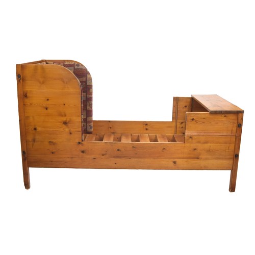 958 - Antique French pine sleigh bed frame, with later padded upholstered panels around the tall head, wit... 