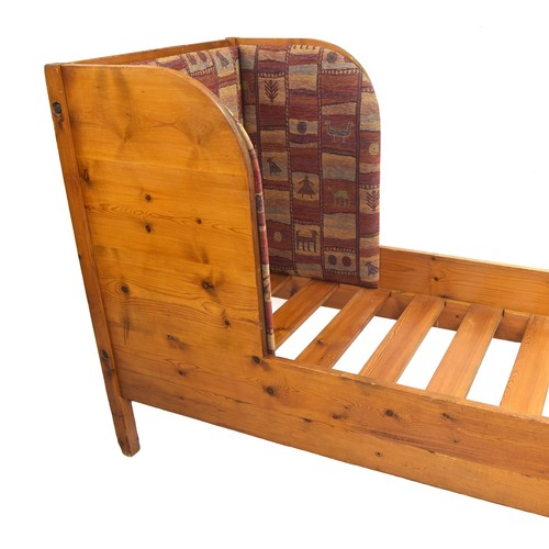 958 - Antique French pine sleigh bed frame, with later padded upholstered panels around the tall head, wit... 