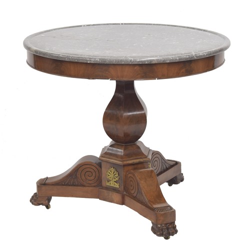 960 - Good French Empire mahogany table, the grey veined marble top over hexagonal baluster support with t... 