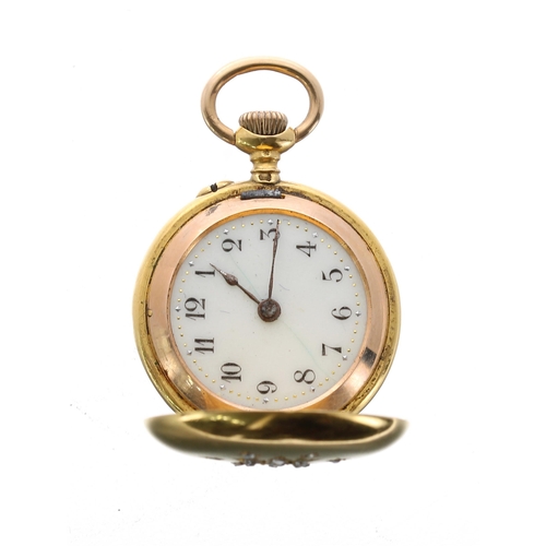 68 - Attractive French miniature 18k and rose diamond set hunter fob watch signed C. Crettiez, gilt cylin... 