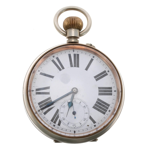 70 - Goliath nickel cased pocket watch, unsigned lever bar movement, bold Roman numeral dial with subsidi... 