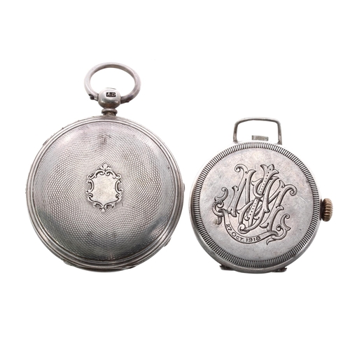 64 - Silver fusee lever pocket watch in need of repair, signed Osborn, Bognor, 41mm; also a WWI silver wi... 