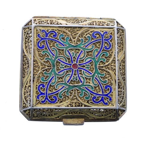 599 - Attractive Portuguese silver-gilt filigree and enamel compact case, square with cut corners, th... 