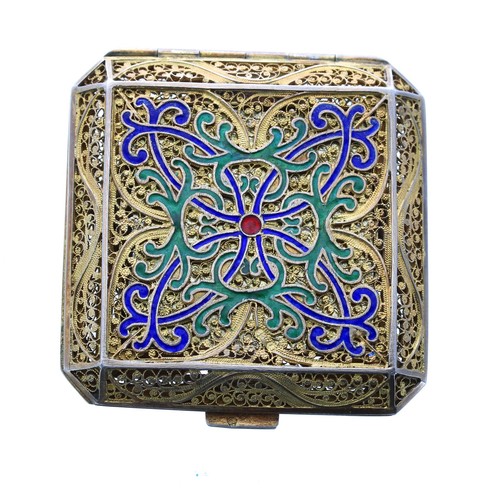 599 - Attractive Portuguese silver-gilt filigree and enamel compact case, square with cut corners, th... 