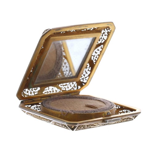 599 - Attractive Portuguese silver-gilt filigree and enamel compact case, square with cut corners, th... 