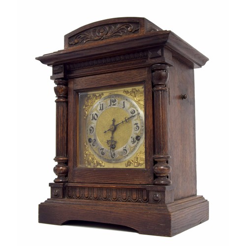 655 - German oak cased three train mantel clock, the Kienzle movement no. 46929 striking on five rods, the... 