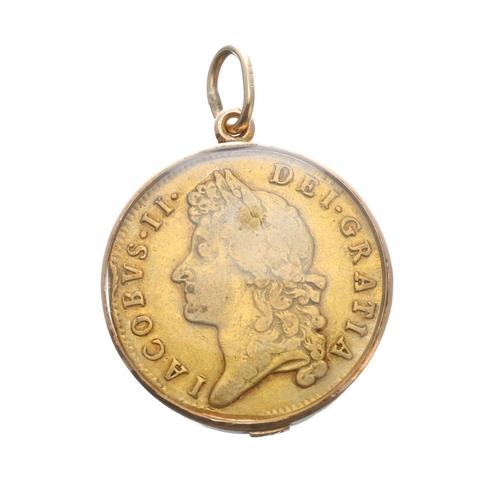 79 - James II (1685-1688), 1688 Guinea set in a 15ct glazed pendant mount, 14.1gm, the mount 27mm diamete... 