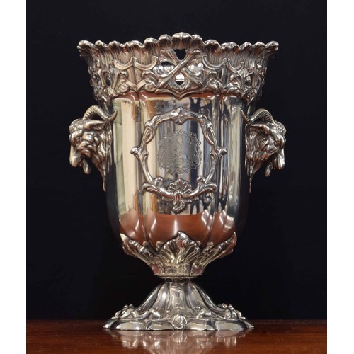 605 - Good 19th century Sheffield plate champagne cooler, cast with rams head handles and pierced foliate ... 