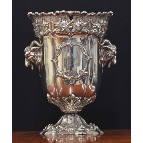 605 - Good 19th century Sheffield plate champagne cooler, cast with rams head handles and pierced foliate ... 