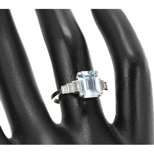 220 - Art Deco style platinum aquamarine and diamond ring, the aquamarine 1.60ct approx, with baguette set... 