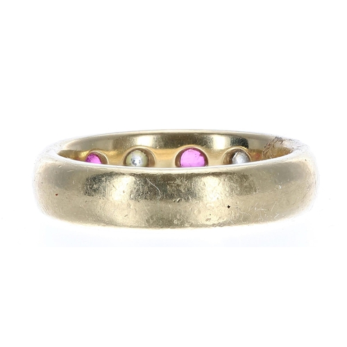 100 - 18ct yellow gold ruby and diamond five stone gypsy style band ring, Birmingham 1953, with two oval r... 