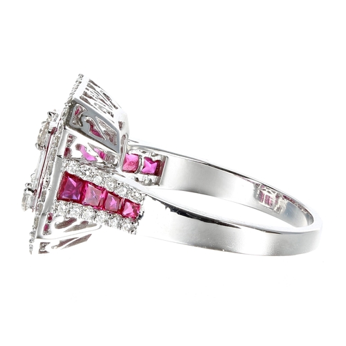 165 - Attractive 18ct white gold ruby and diamond cluster ring, set with baguette and tapered baguette rub... 