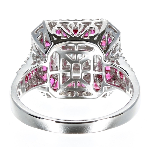 165 - Attractive 18ct white gold ruby and diamond cluster ring, set with baguette and tapered baguette rub... 