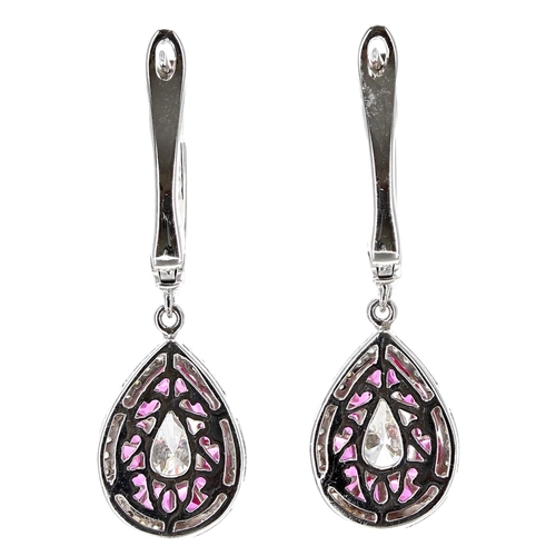 175 - Attractive pair 18ct white gold ruby and diamond  drop earrings, set with pear shaped diamonds, cali... 