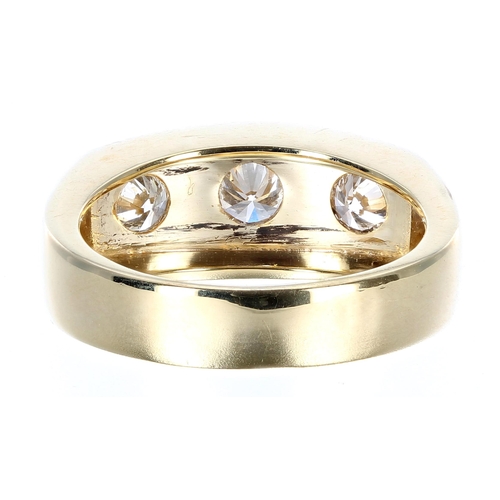 180 - Gentleman's 9ct yellow gold three stone diamond ring, round brilliant-cut, estimated 1.02ct approx i... 