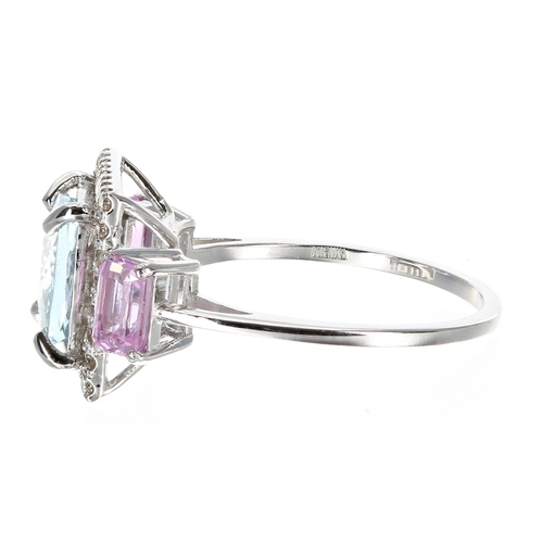 235 - Fancy 18ct white gold aquamarine ring, set with a square aquamarine surrounded by a halo of diamonds... 