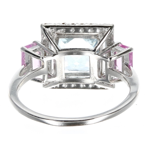 235 - Fancy 18ct white gold aquamarine ring, set with a square aquamarine surrounded by a halo of diamonds... 