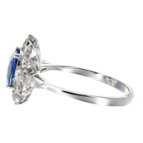 270 - Modern 18ct white gold oval sapphire and diamond cluster ring with diamond shoulders, the oval sapph... 