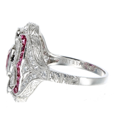 275 - Victorian style platinum ruby and diamond ring, set with oval central ruby, round brilliant diamonds... 