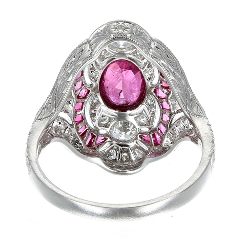 275 - Victorian style platinum ruby and diamond ring, set with oval central ruby, round brilliant diamonds... 