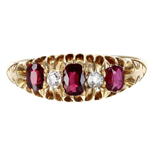 367 - Period 18ct ruby and diamond claw-set five stone ring, Chester 1910, width 7mm, 2.8gm, ring size P/Q... 