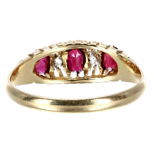 367 - Period 18ct ruby and diamond claw-set five stone ring, Chester 1910, width 7mm, 2.8gm, ring size P/Q... 