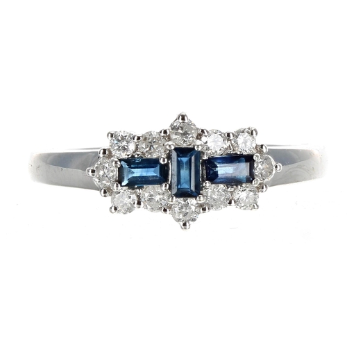 421 - Modern 9ct sapphire and diamond boat shaped cluster ring, width 8mm, 2.2gm, ring size P... 