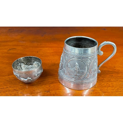 608 - Indian silver conical mug, repoussé decorated with panels showing figures in various pursuits, 3