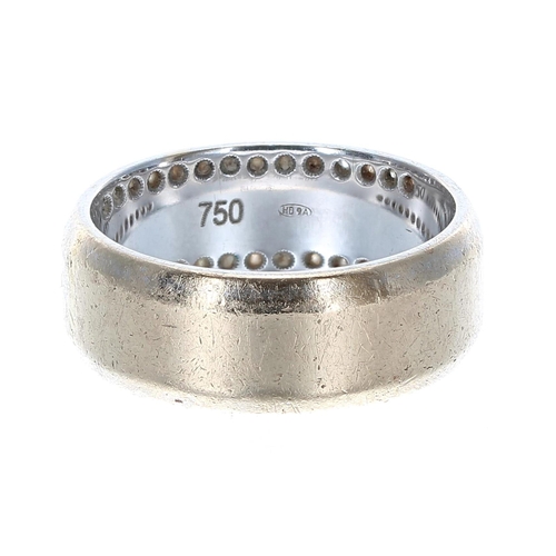 112 - 18ct wide band ring with diamond edges, engraved to the inside 'Florian 08.07.2012', width 7.5mm, 8.... 