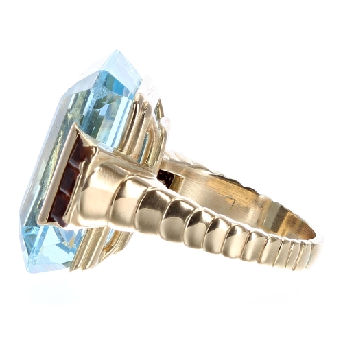 136 - Large 18ct yellow gold aquamarine ring and golden topaz ring, the aquamarine 27.70ct approx measurin... 