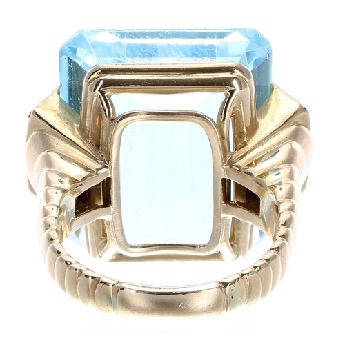 136 - Large 18ct yellow gold aquamarine ring and golden topaz ring, the aquamarine 27.70ct approx measurin... 