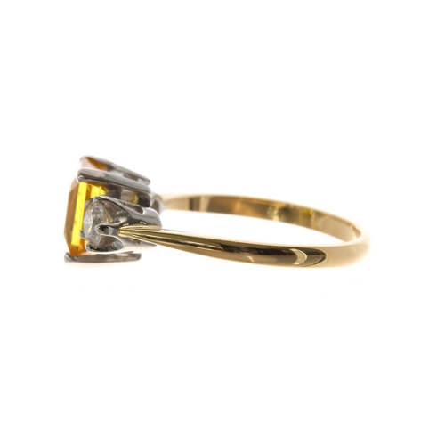 280 - Good 18ct yellow sapphire and diamond platinum three stone ring, the sapphire 2.50ct approx, flanked... 